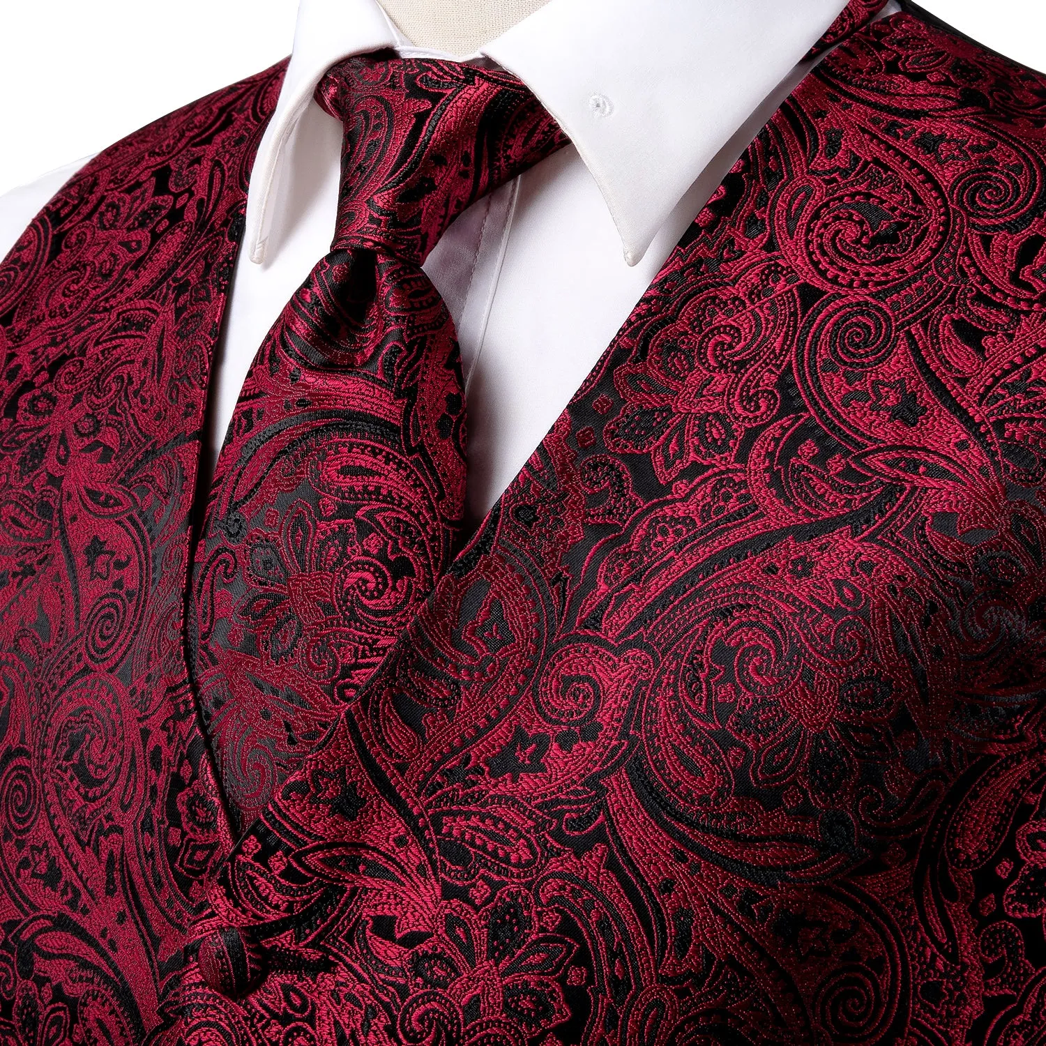 Ties2you Men's Vest Red Black Paisley Jacquard Silk Vest Hanky Cufflinks Tie Set