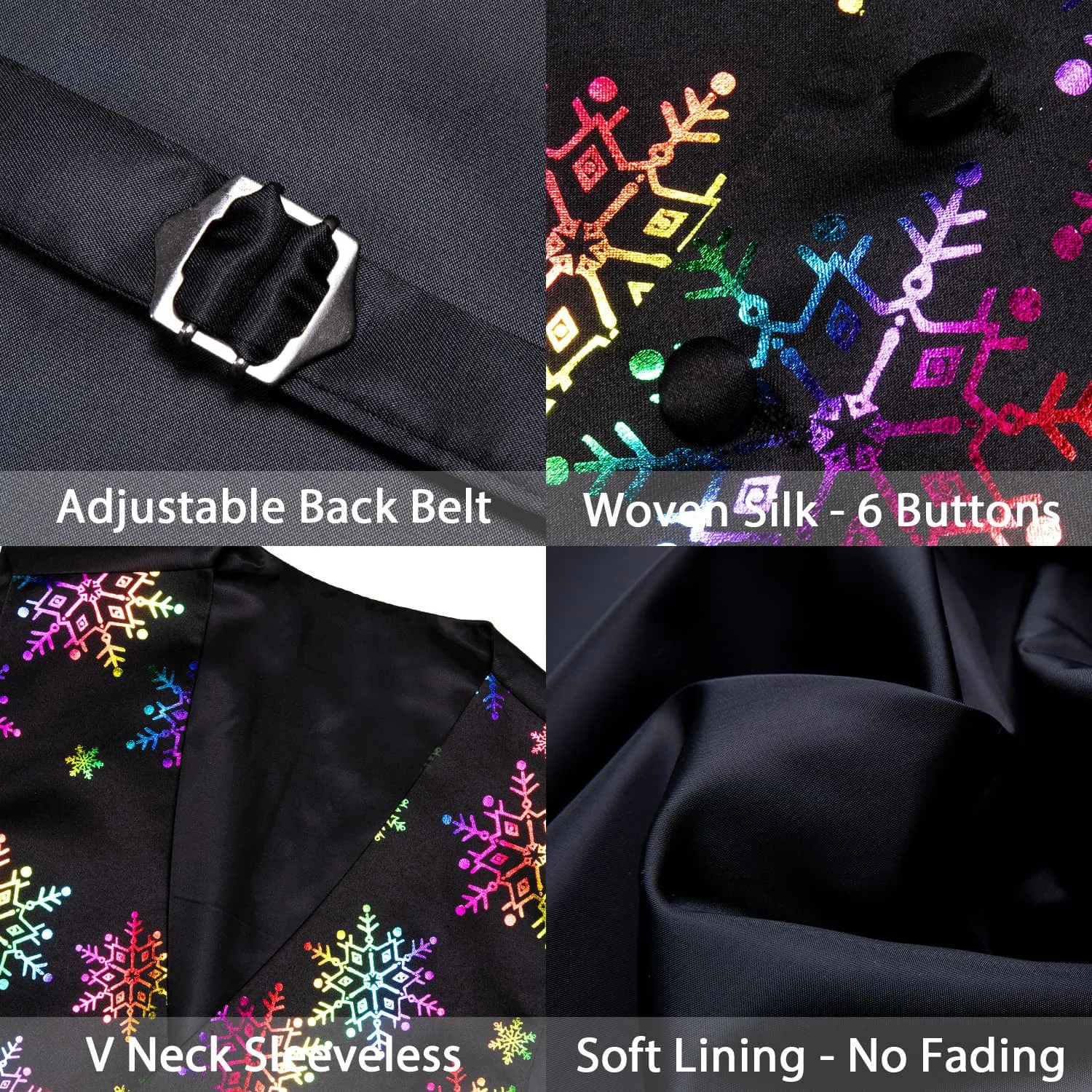 Ties2you Tuxedo Vest Black Colorful Snowflake Novelty Silk Christmas Vest for Men