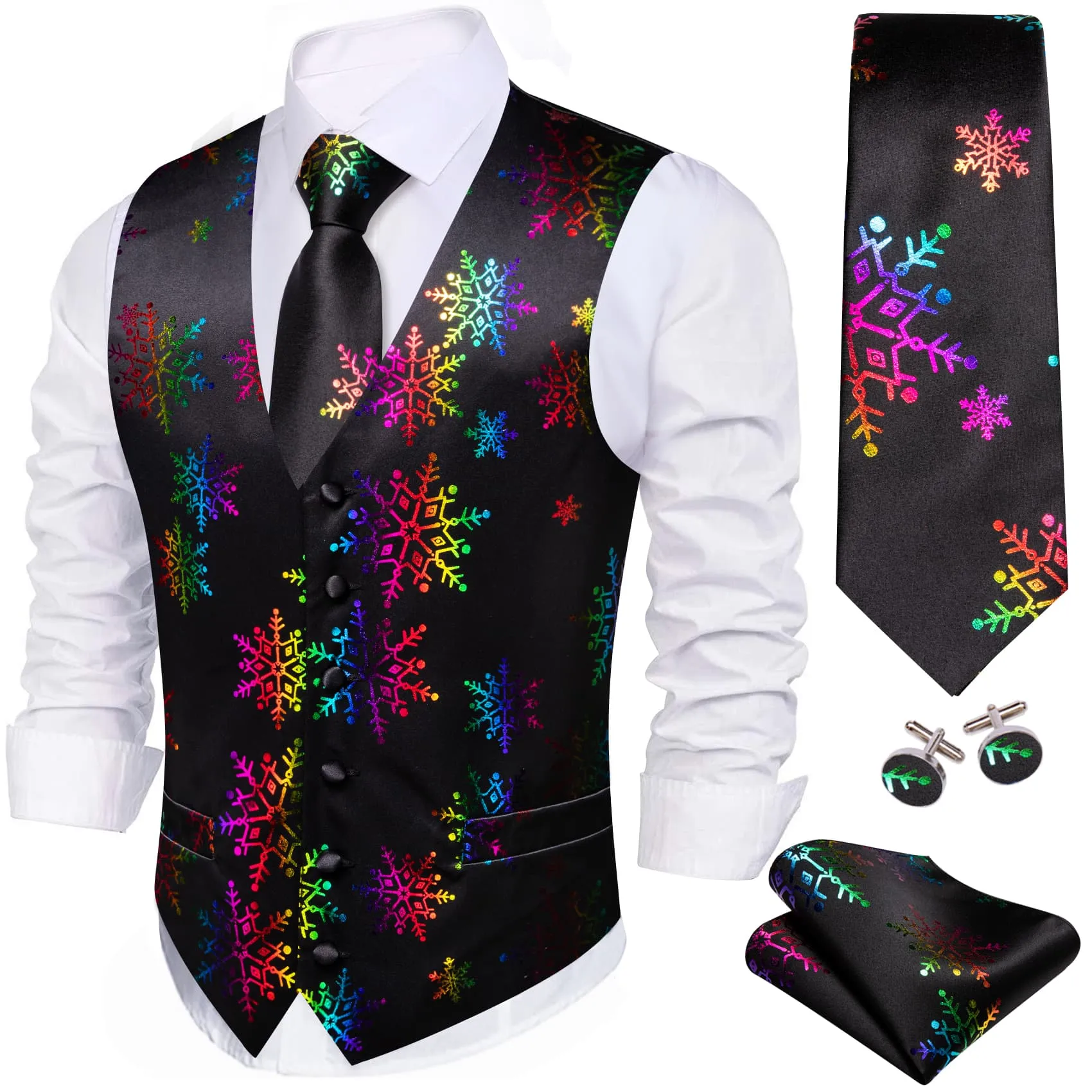 Ties2you Tuxedo Vest Black Colorful Snowflake Novelty Silk Christmas Vest for Men