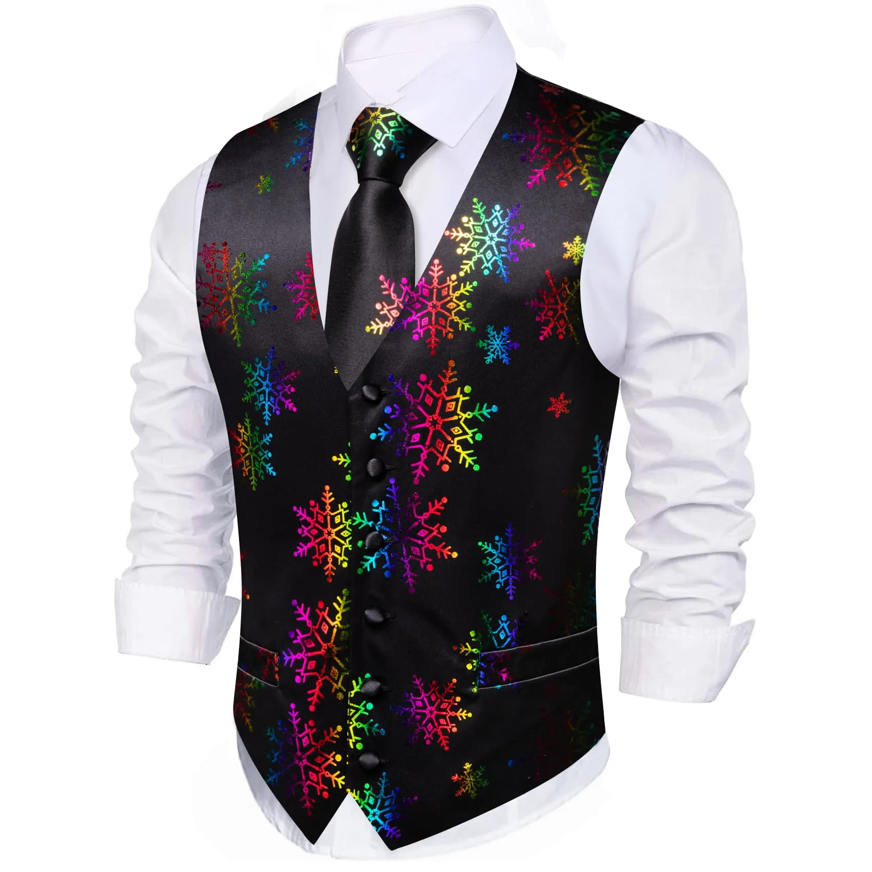 Ties2you Tuxedo Vest Black Colorful Snowflake Novelty Silk Christmas Vest for Men