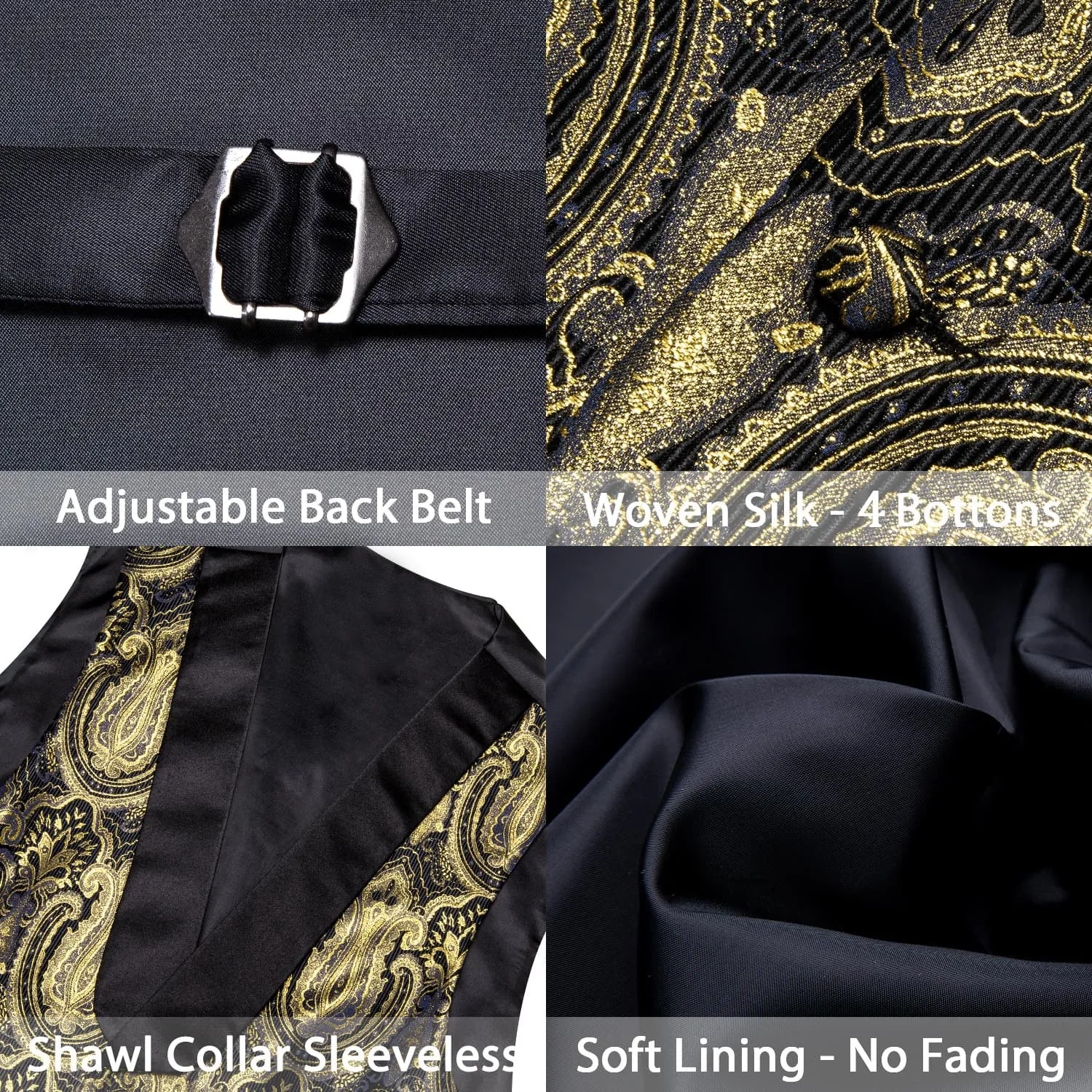 Ties2you Tuxedo Vest Black Gold Floral Shawl Collar Silk Dress Vest for Men