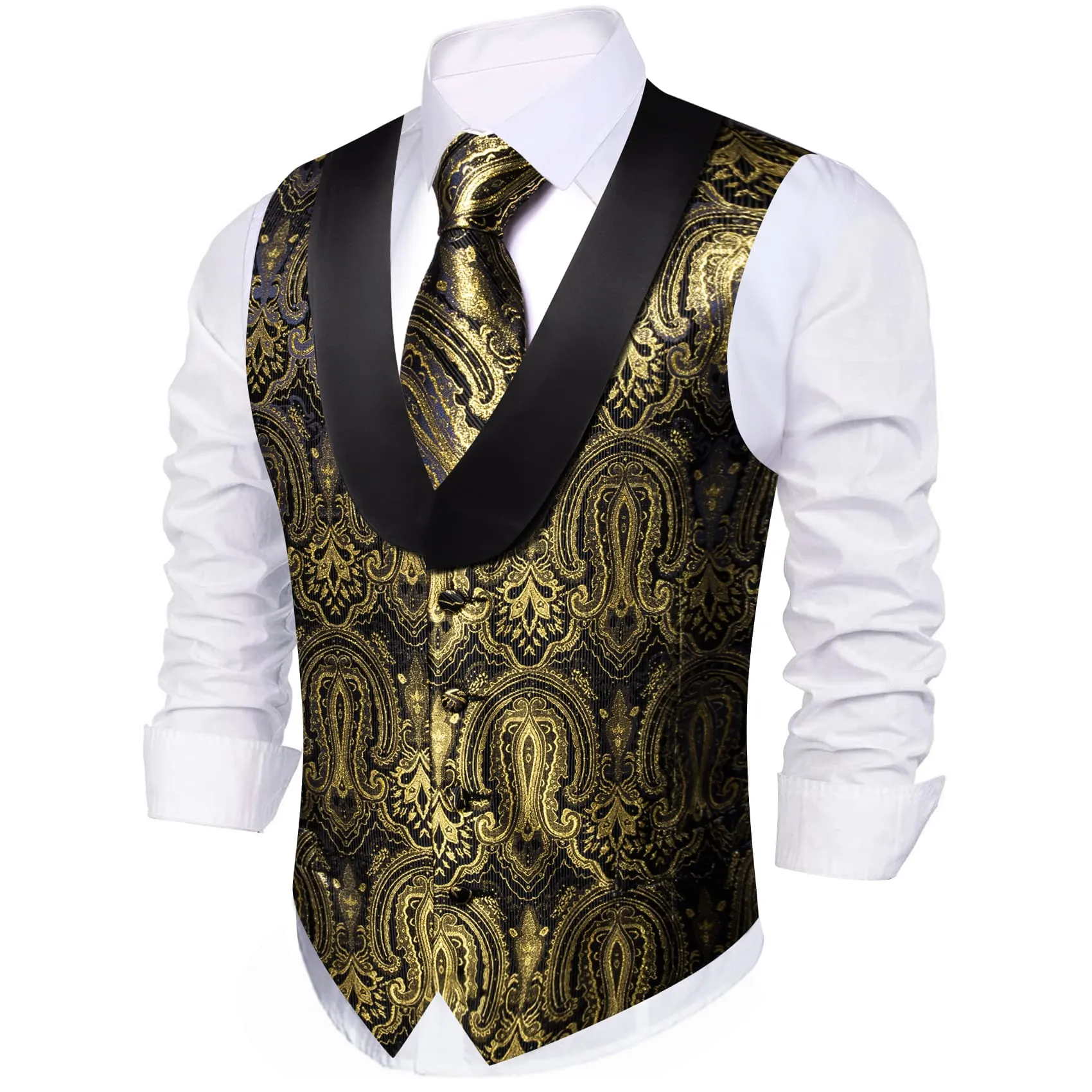 Ties2you Tuxedo Vest Black Gold Floral Shawl Collar Silk Dress Vest for Men