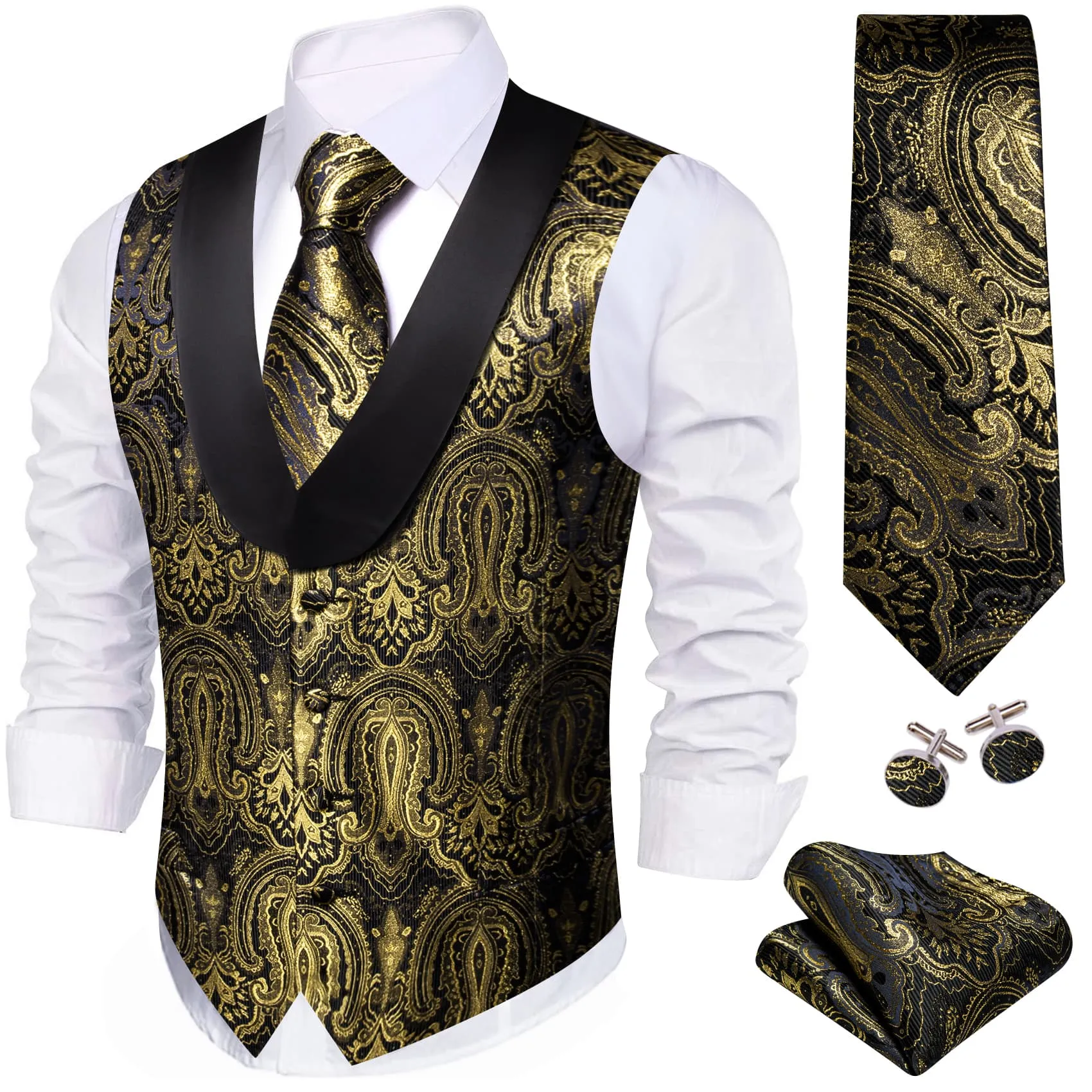 Ties2you Tuxedo Vest Black Gold Floral Shawl Collar Silk Dress Vest for Men