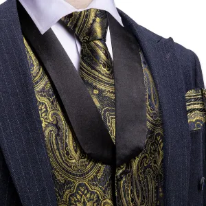 Ties2you Tuxedo Vest Black Gold Floral Shawl Collar Silk Dress Vest for Men