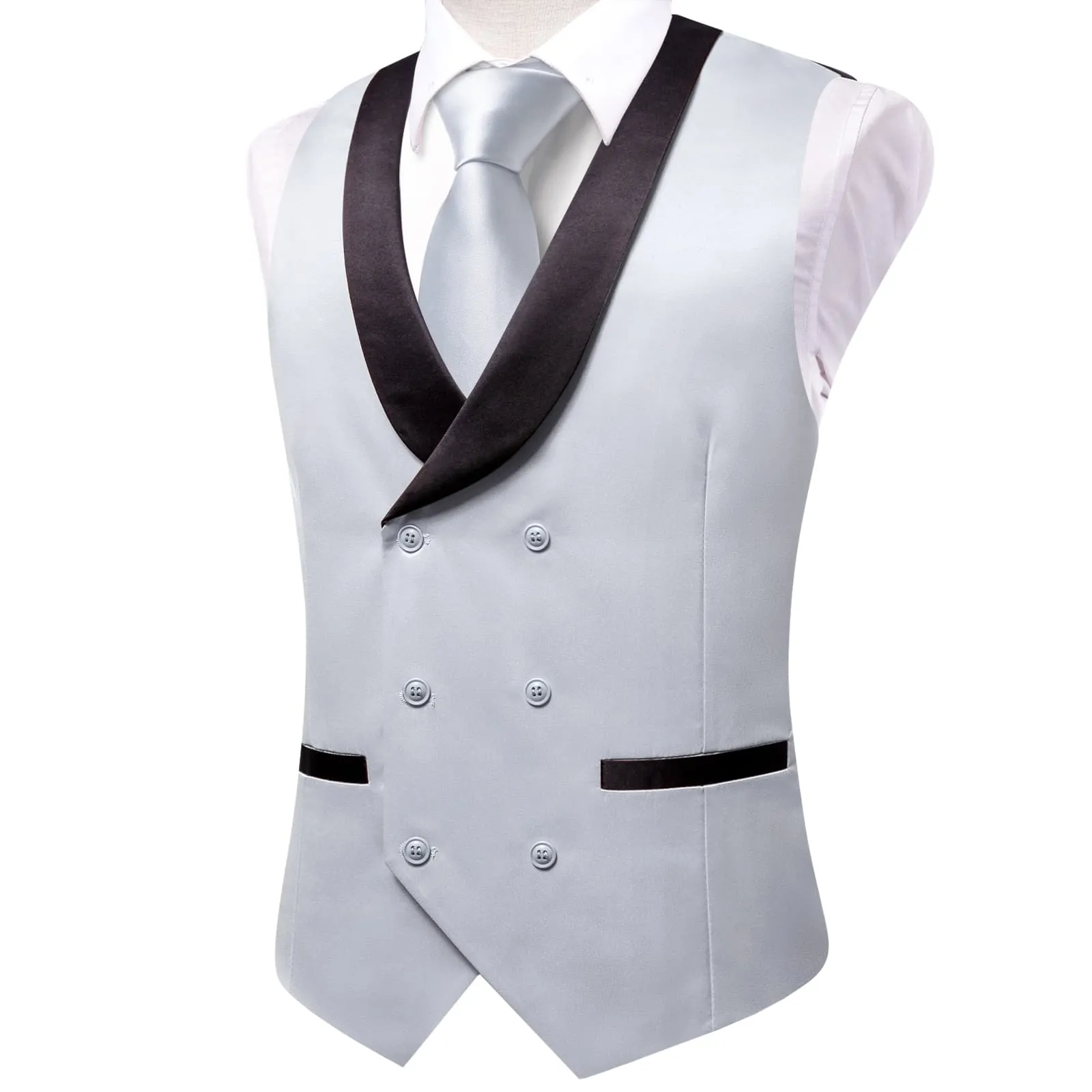 Ties2you Tuxedo Vest Light Grey Solid Shawl Collar Silk Mens Double Breasted Work Vest