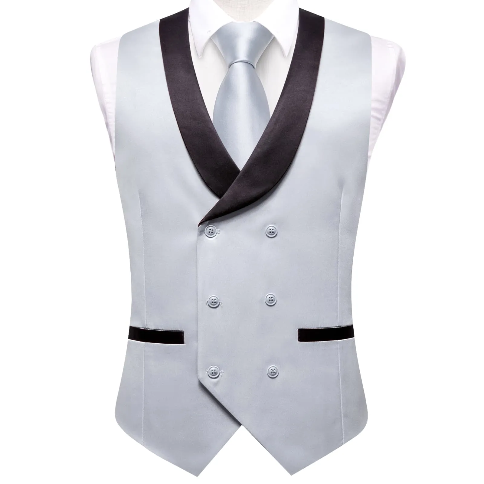 Ties2you Tuxedo Vest Light Grey Solid Shawl Collar Silk Mens Double Breasted Work Vest