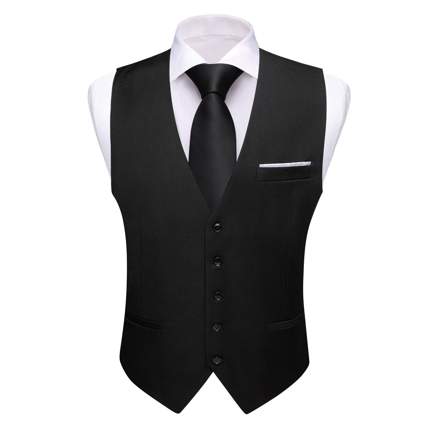 Ties2you Work Vest Pure Black Solid Button Silk Mens Dress Vest Jacket for Formal