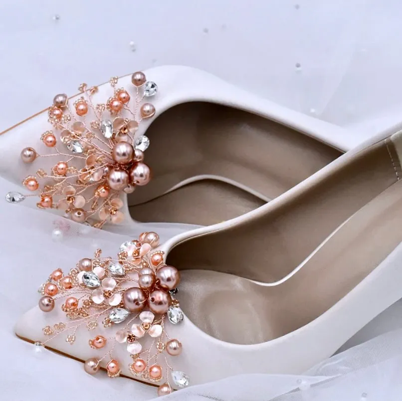 Wedding Accessories - Pearl and Crystal Rose Gold Bridal Shoe Clips