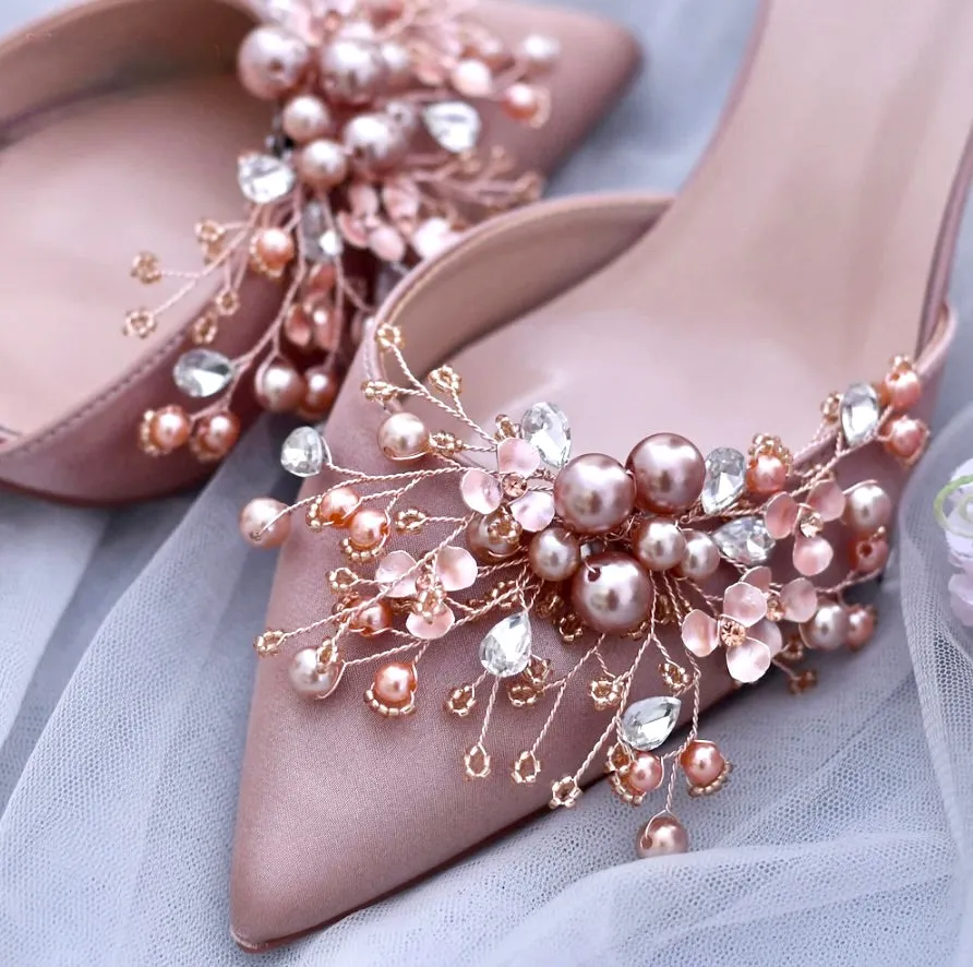 Wedding Accessories - Pearl and Crystal Rose Gold Bridal Shoe Clips